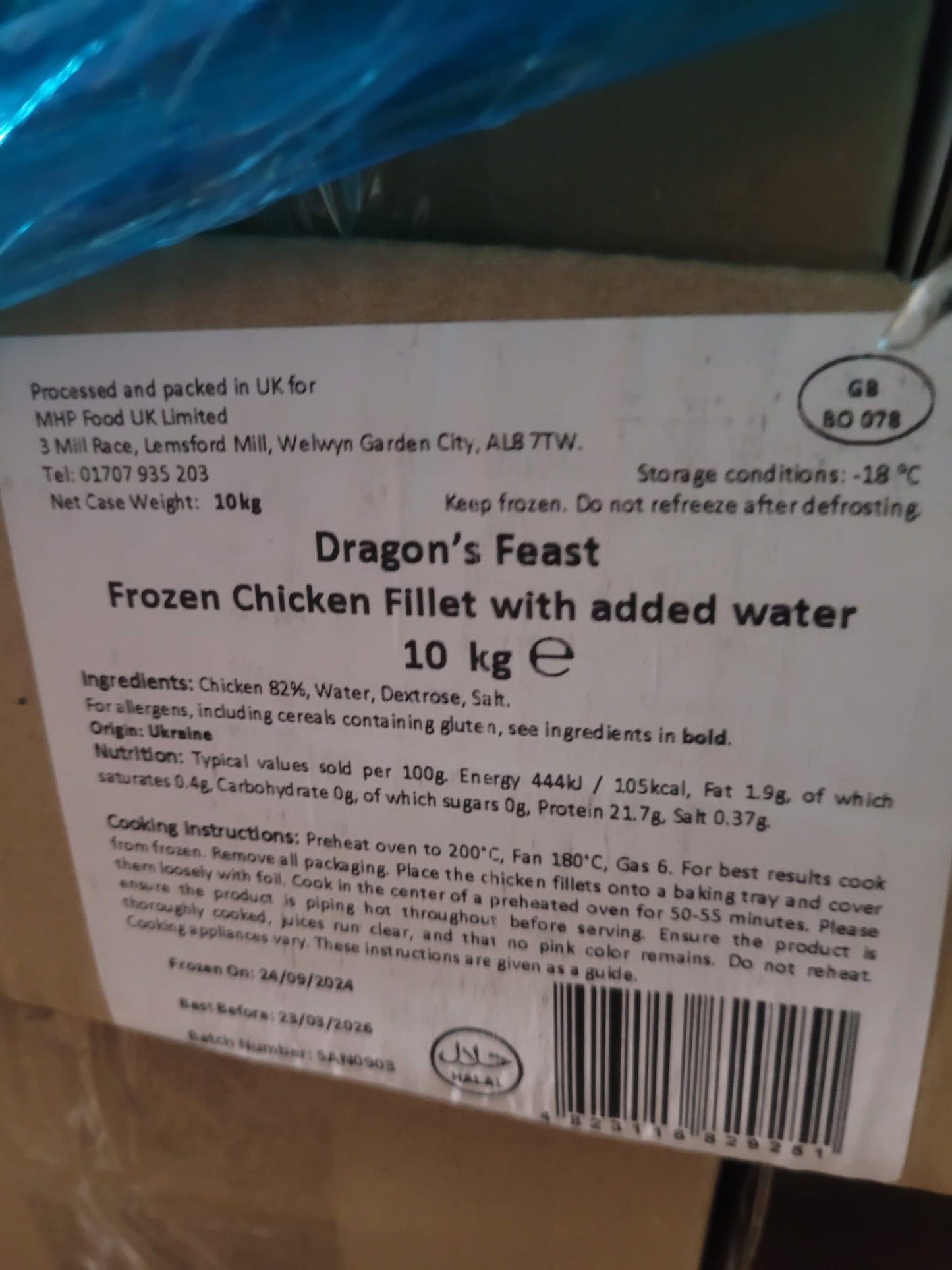 Dragon's feast frozen chicken fillet , 10kg box, Clearance